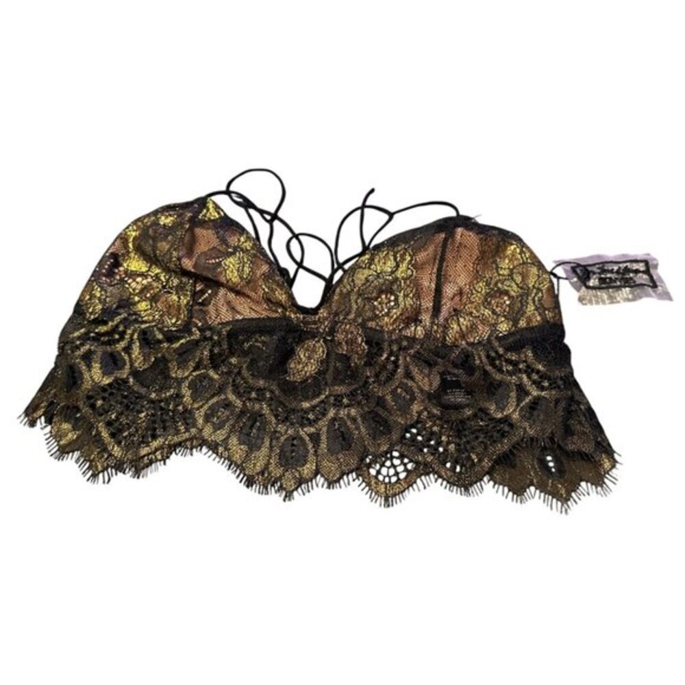 Lace & Metallic Esme Bralette Foil Lace For Love & Lemons Skivvies Black Gold